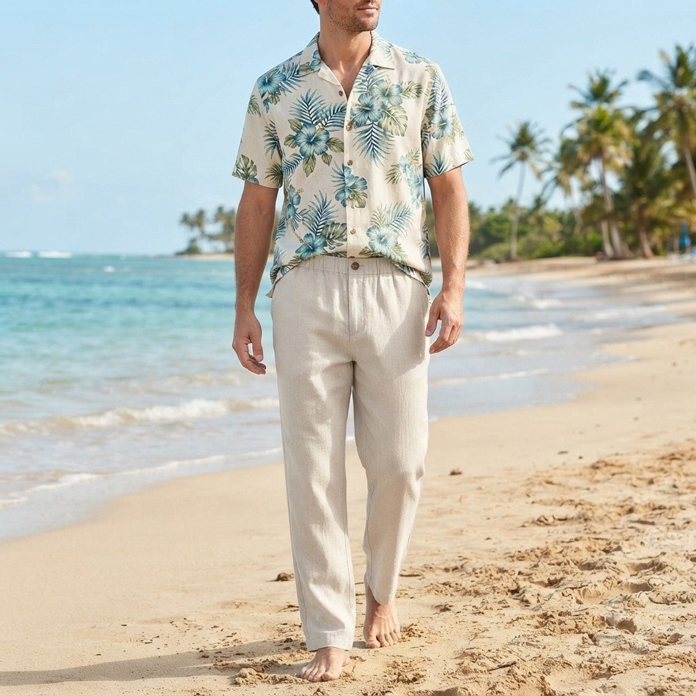 Caribbean Pants Mens 100% Linen Pants 48x30 Beige Tan Elastic Waist Beach Casual